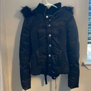 Black Bebe jacket with detachable fur hoodie